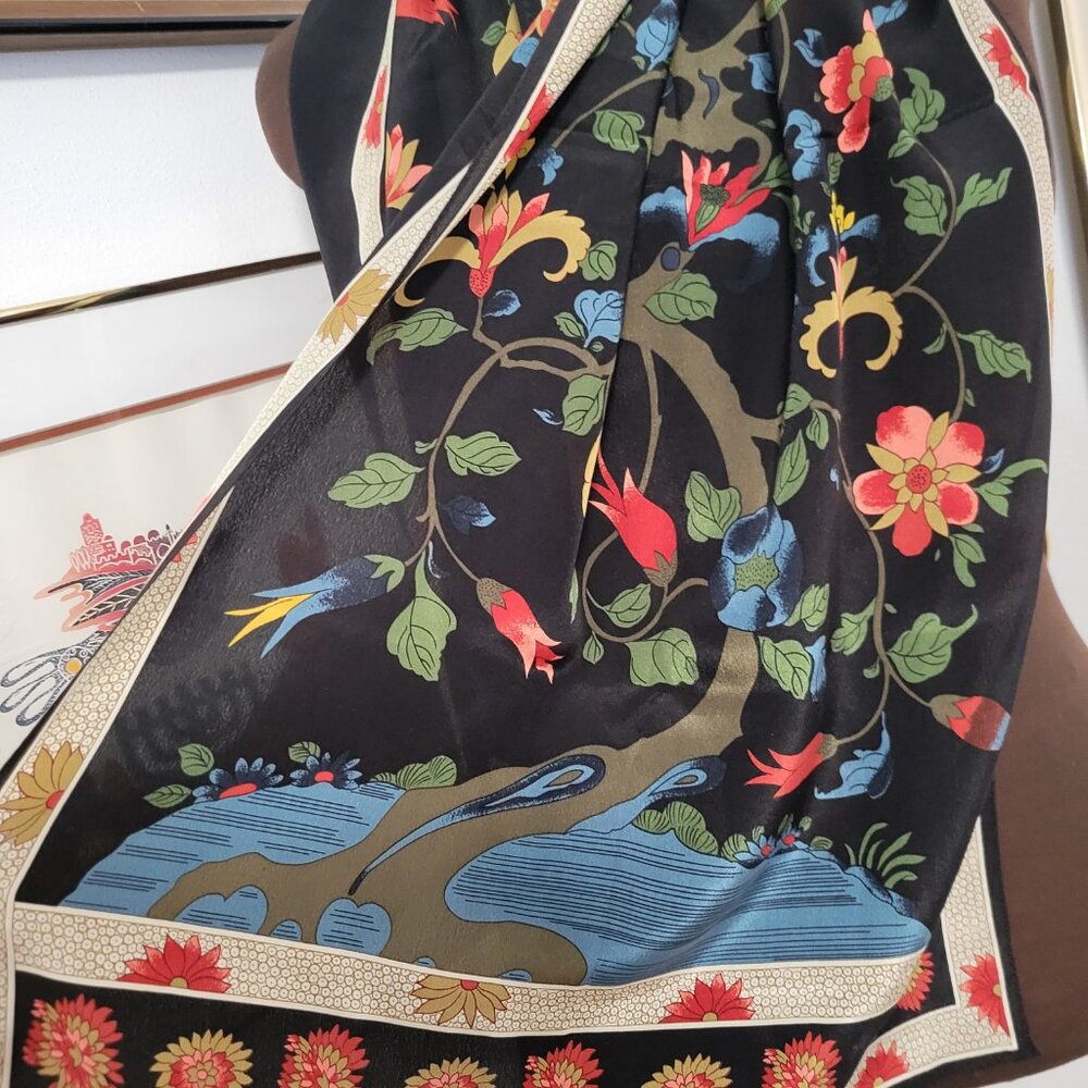 Vintage 100% Silk Scarf with Exotic Oriental Design on Black - Picture 2 of 3
